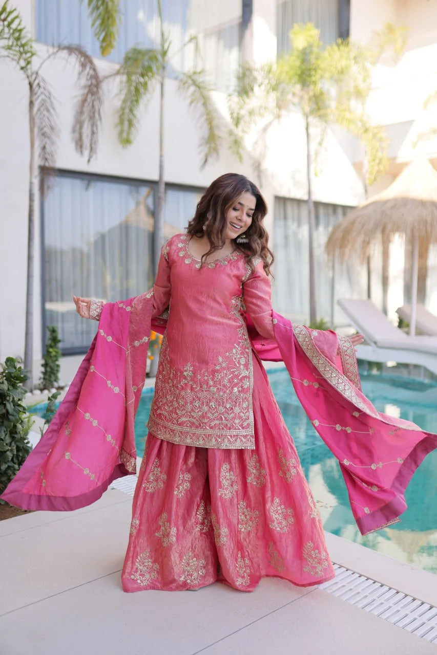 Fendi crush kurti sharara set peach colour dupatta spread full view Chicorawear