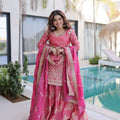 Peach fendi crush kurti sharara set with dupatta full length front view