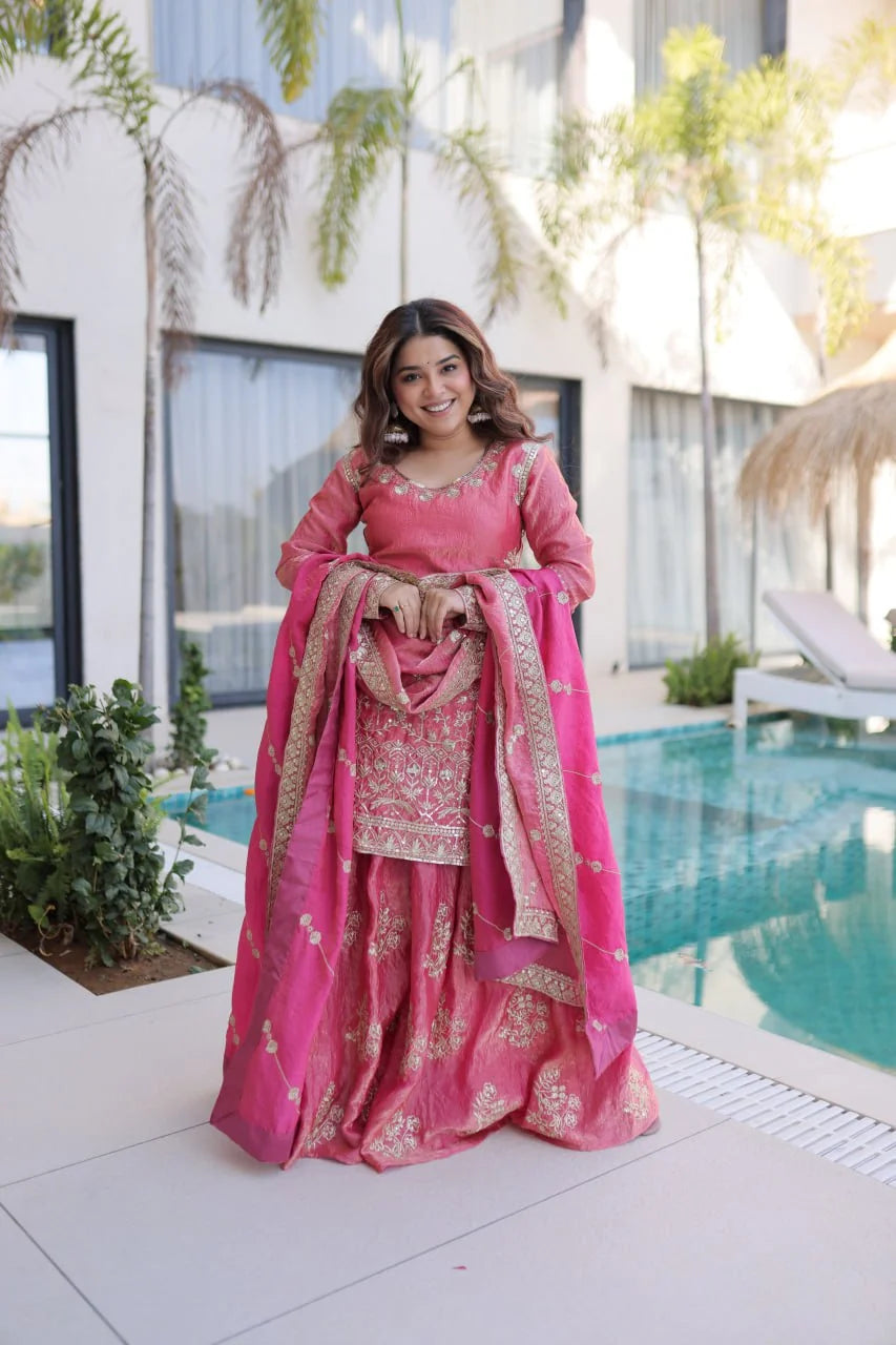 Peach fendi crush kurti sharara set with dupatta full length front view