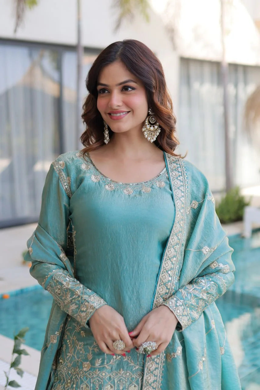 Sky blue fendi crush kurti sharara set with dupatta closeup embroidery detail
