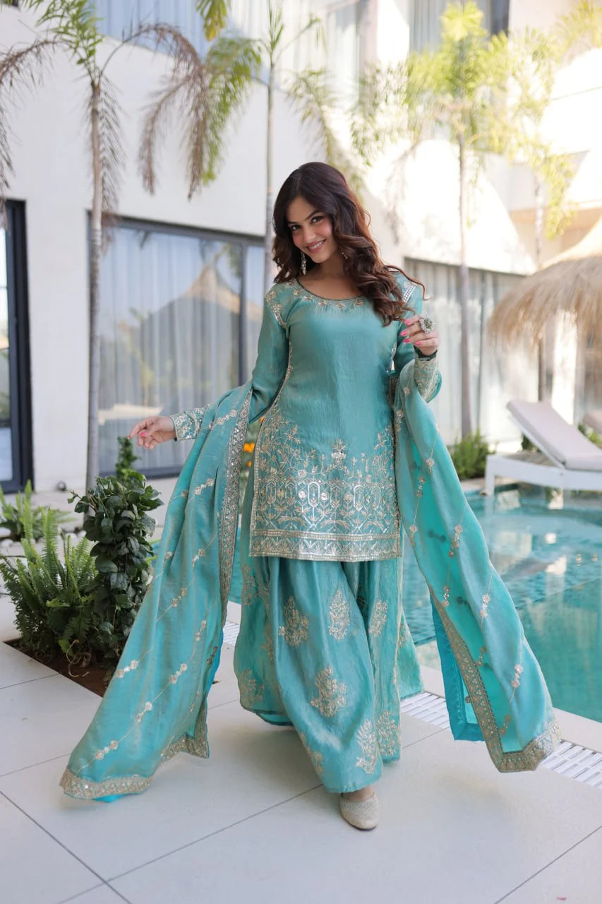 Sky fendi crush sharara set dupatta spread festive poolside Chicorawear