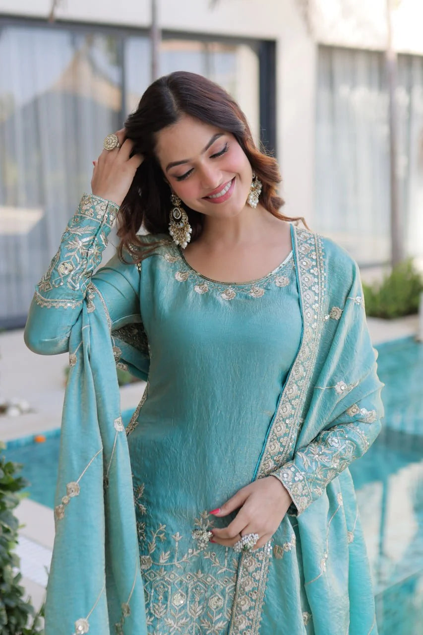 Fendi crush kurti sharara set sky blue zari sequin embroidery cuff detail