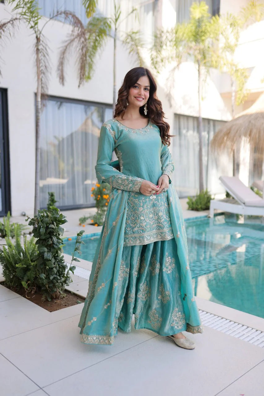 Fendi crush kurti sharara set sky blue full length front view with dupatta