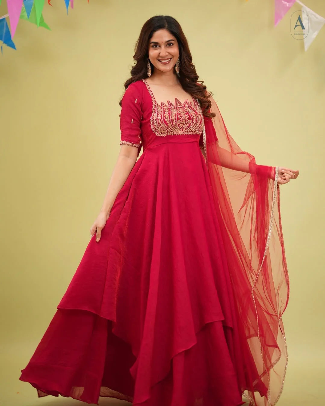 Fendy crush gown red with cut dana lotus petal yoke and sequin detailing – full flare