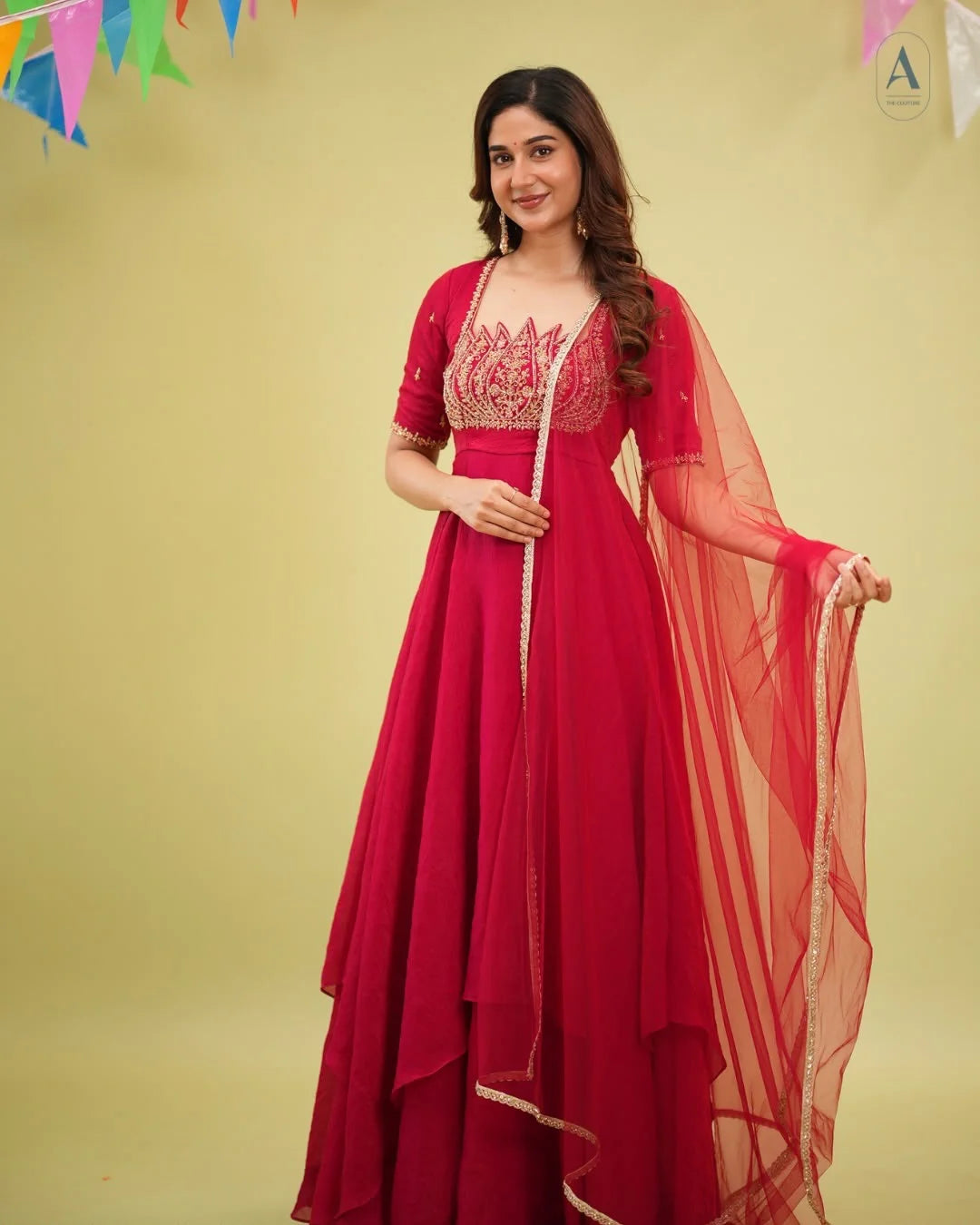 Red fendy crush gown with cut dana sequin yoke and red net dupatta – portrait view
