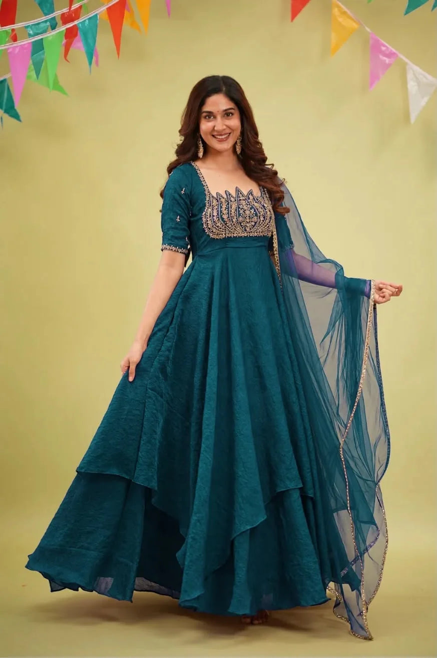 Fendy crush gown teal blue with net dupatta full length festive occasion view