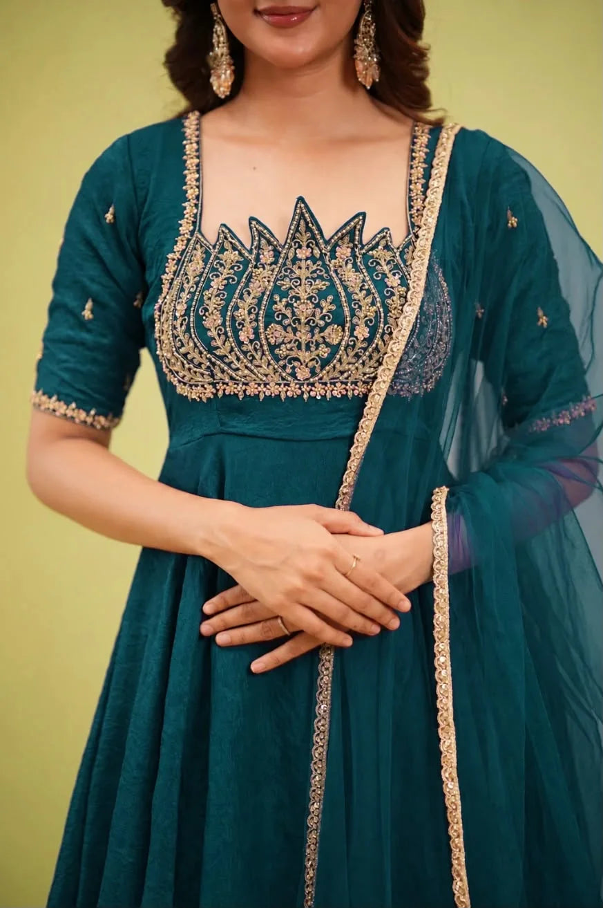 Teal blue fendy crush gown yoke closeup showing cut dana and sequin lotus petal work