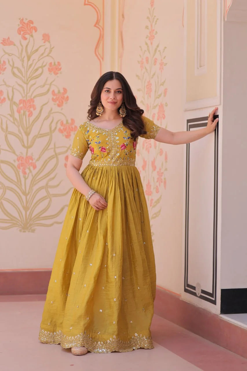 mustard floral gown thread embroidered yoke closeup