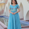 sky blue floral gown for women full front view