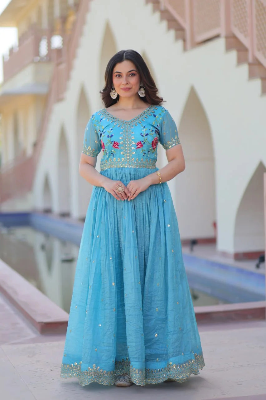 sky blue floral gown for women full front view