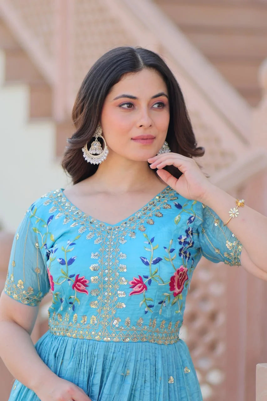 sky blue floral gown multicolour thread yoke closeup