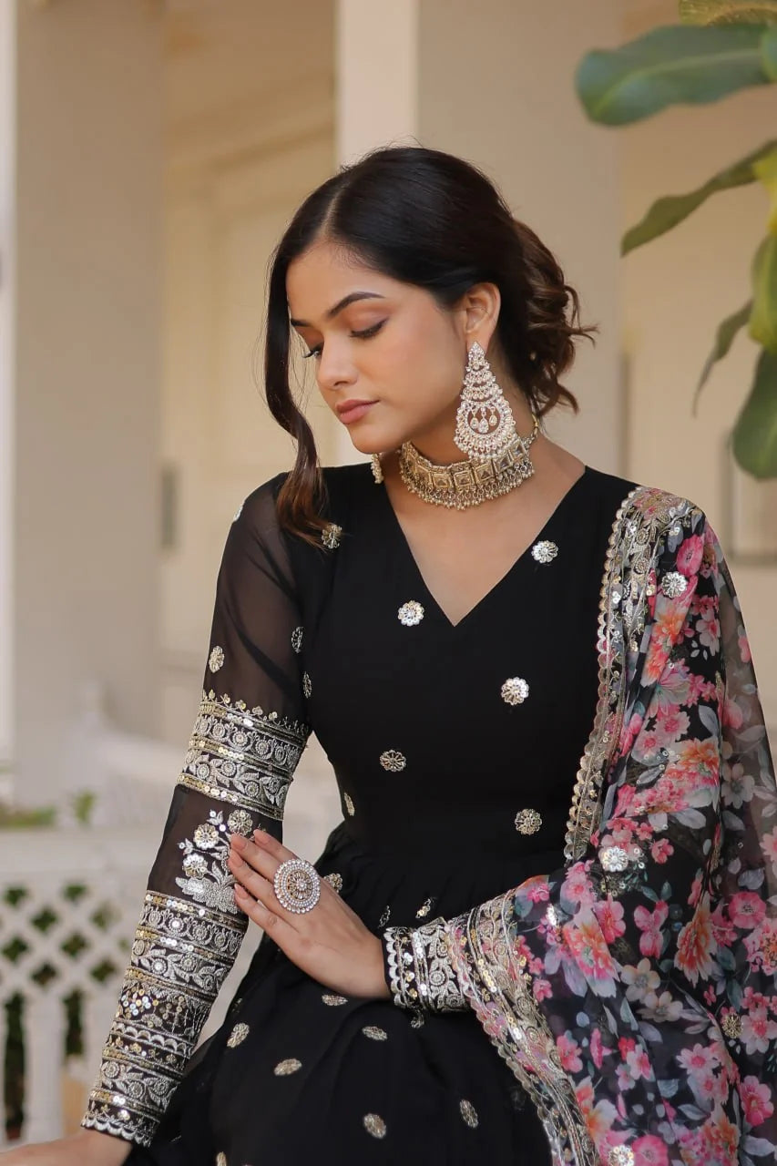 black gown sequin buti bodice closeup with floral dupatta