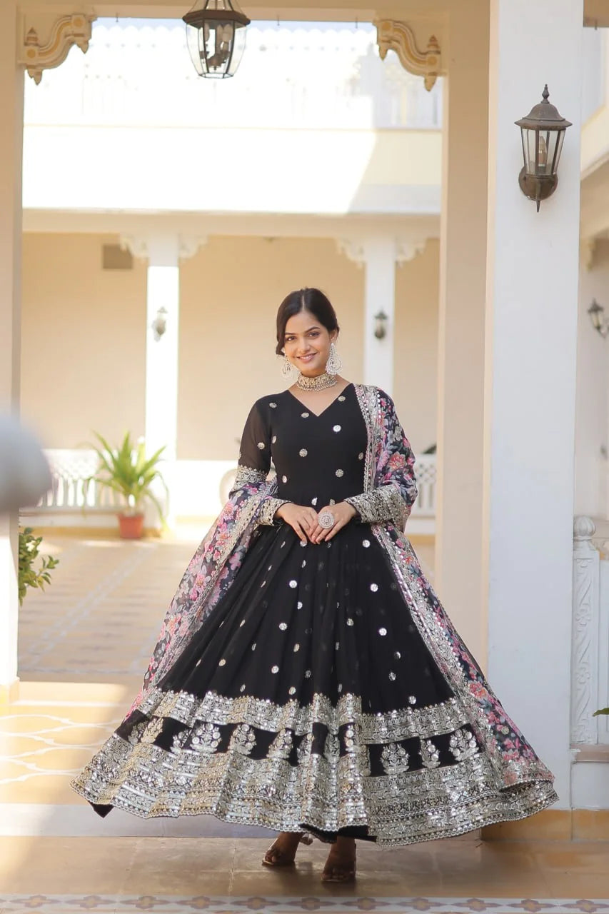 black floral gown with dupatta full front view