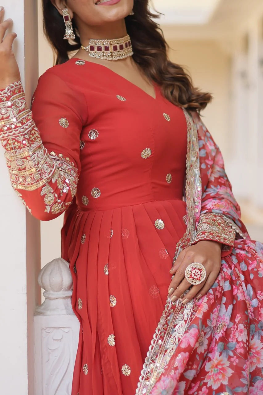 red gown sequin buti bodice closeup with printed dupatta