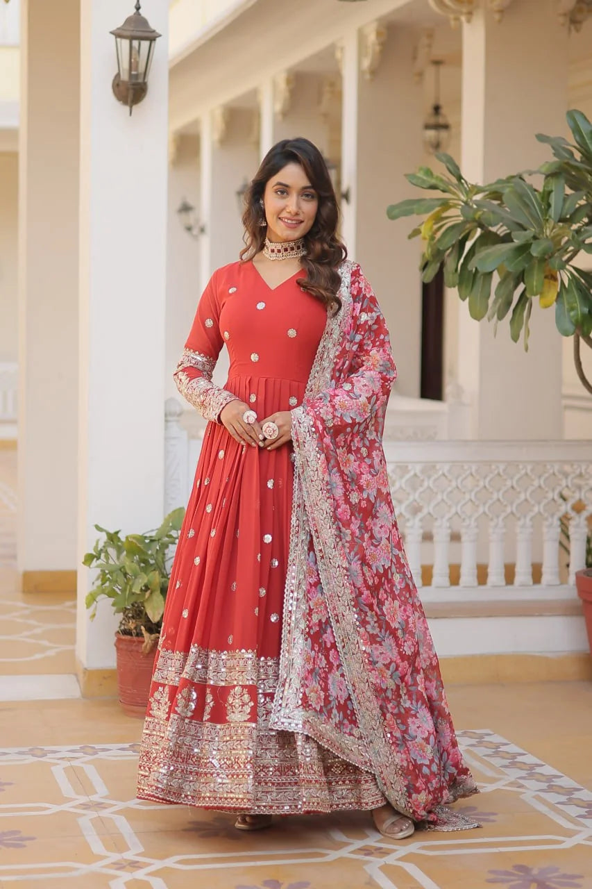 red floral gown with dupatta full front view