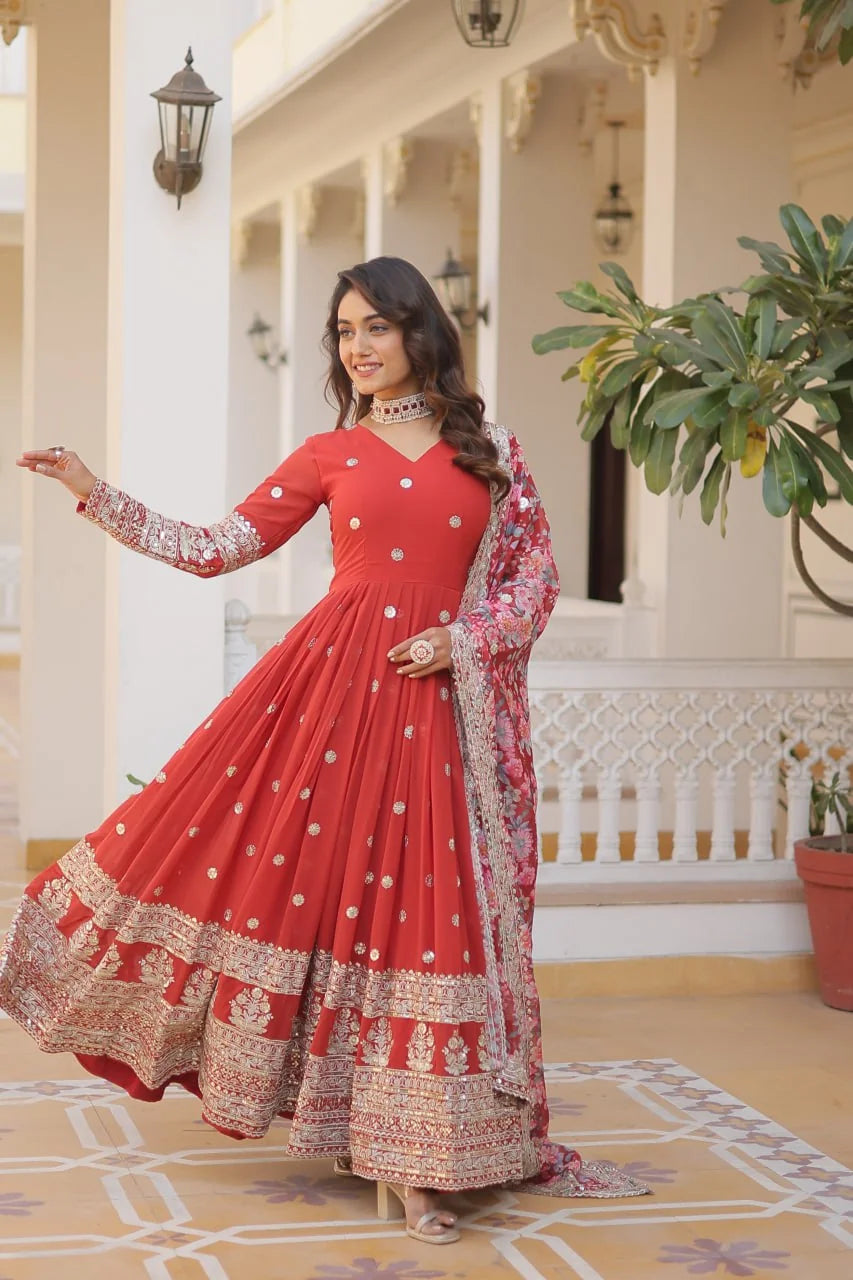 red floral gown with dupatta twirl with zari border