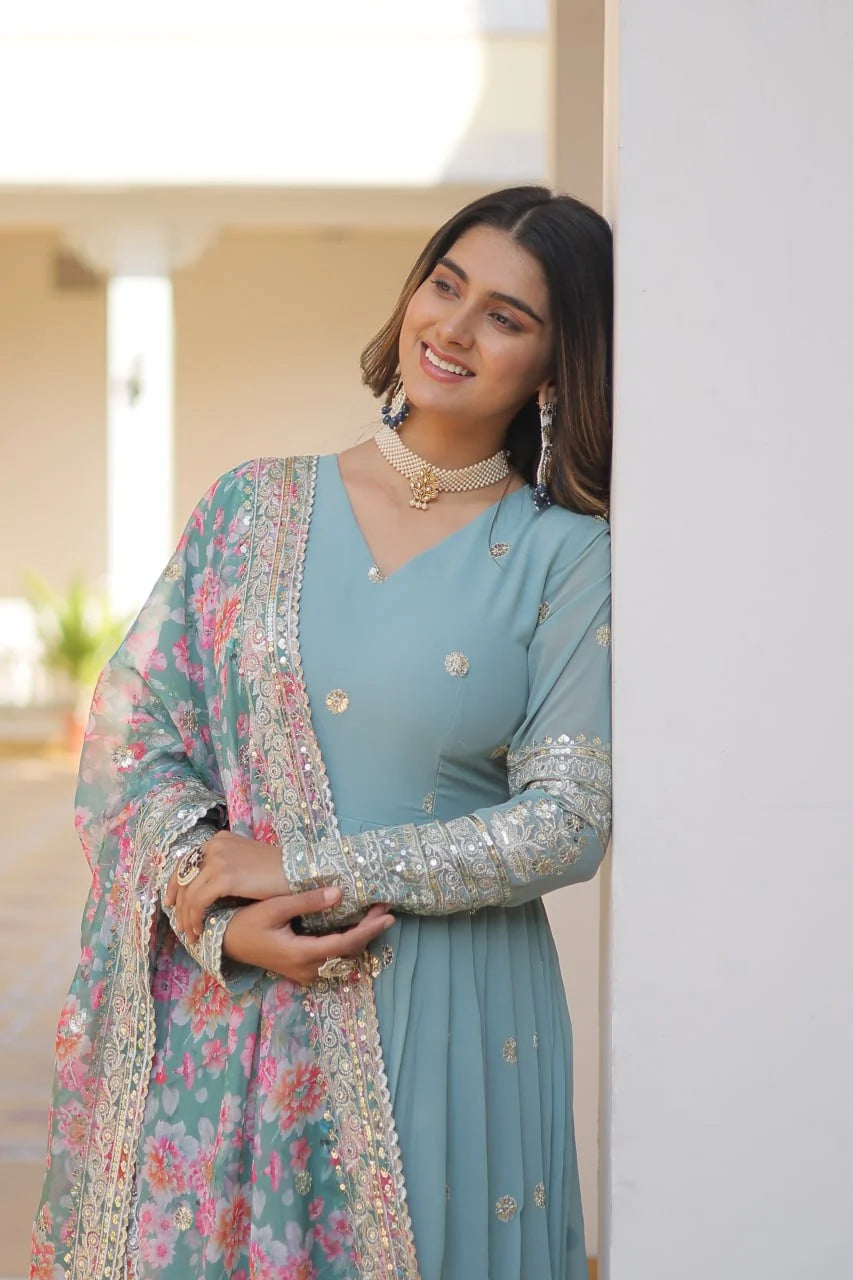 sky blue gown closeup with floral tabby silk dupatta