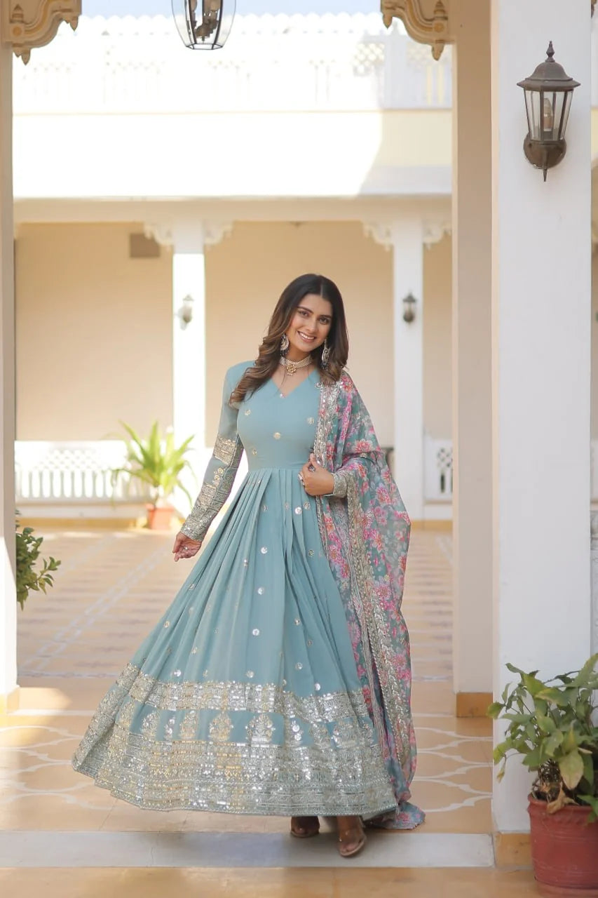 sky blue floral gown with dupatta full twirl view