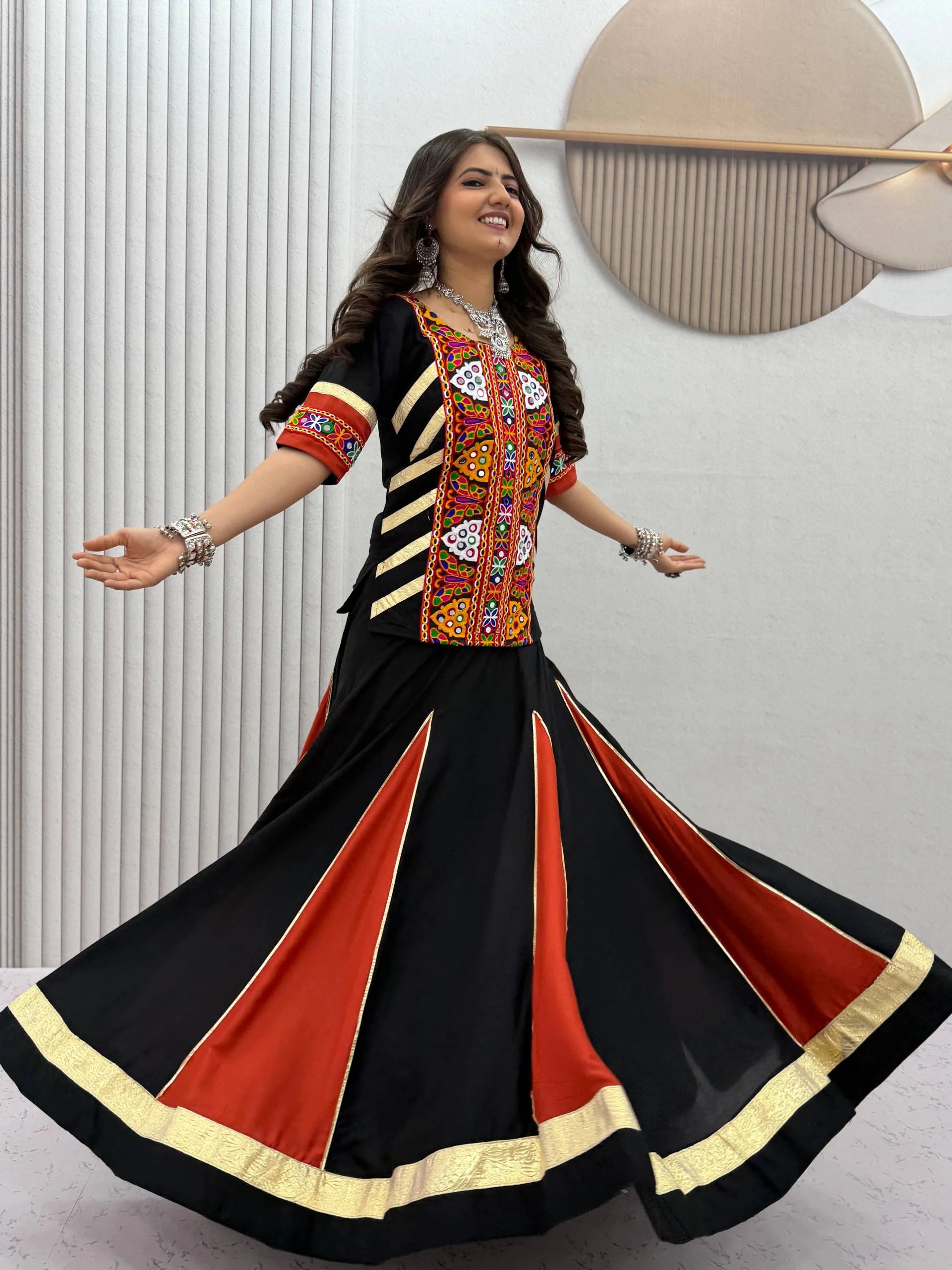 garba lehenga black red cotton kediyu spinning full view