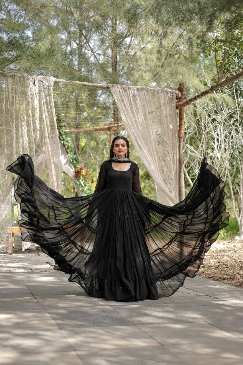 black flared gown frill tiers spread view