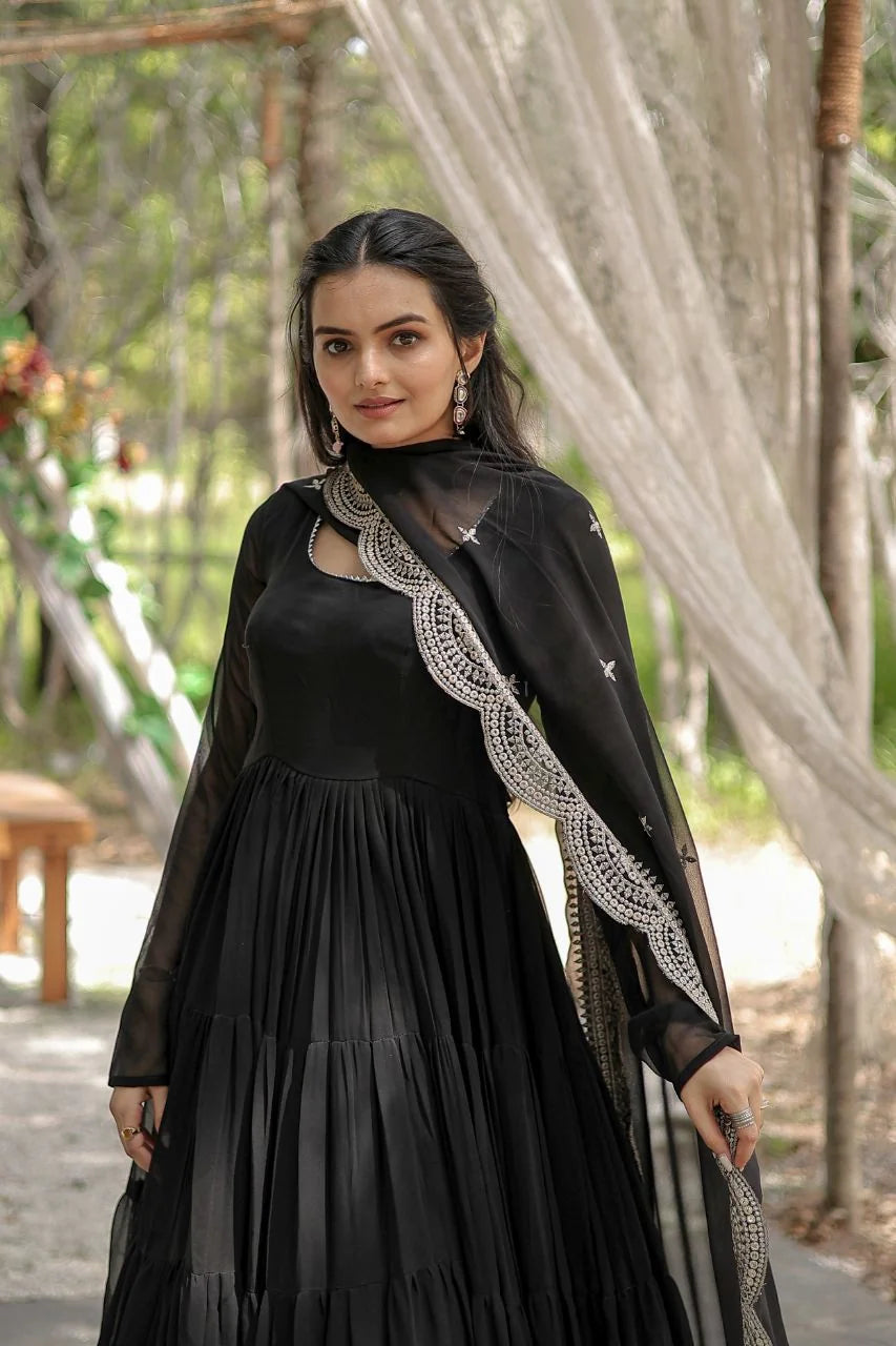 black georgette gown with dupatta sequin embroidered border