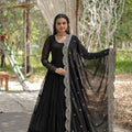 black fully flared gown full view with embroidered dupatta