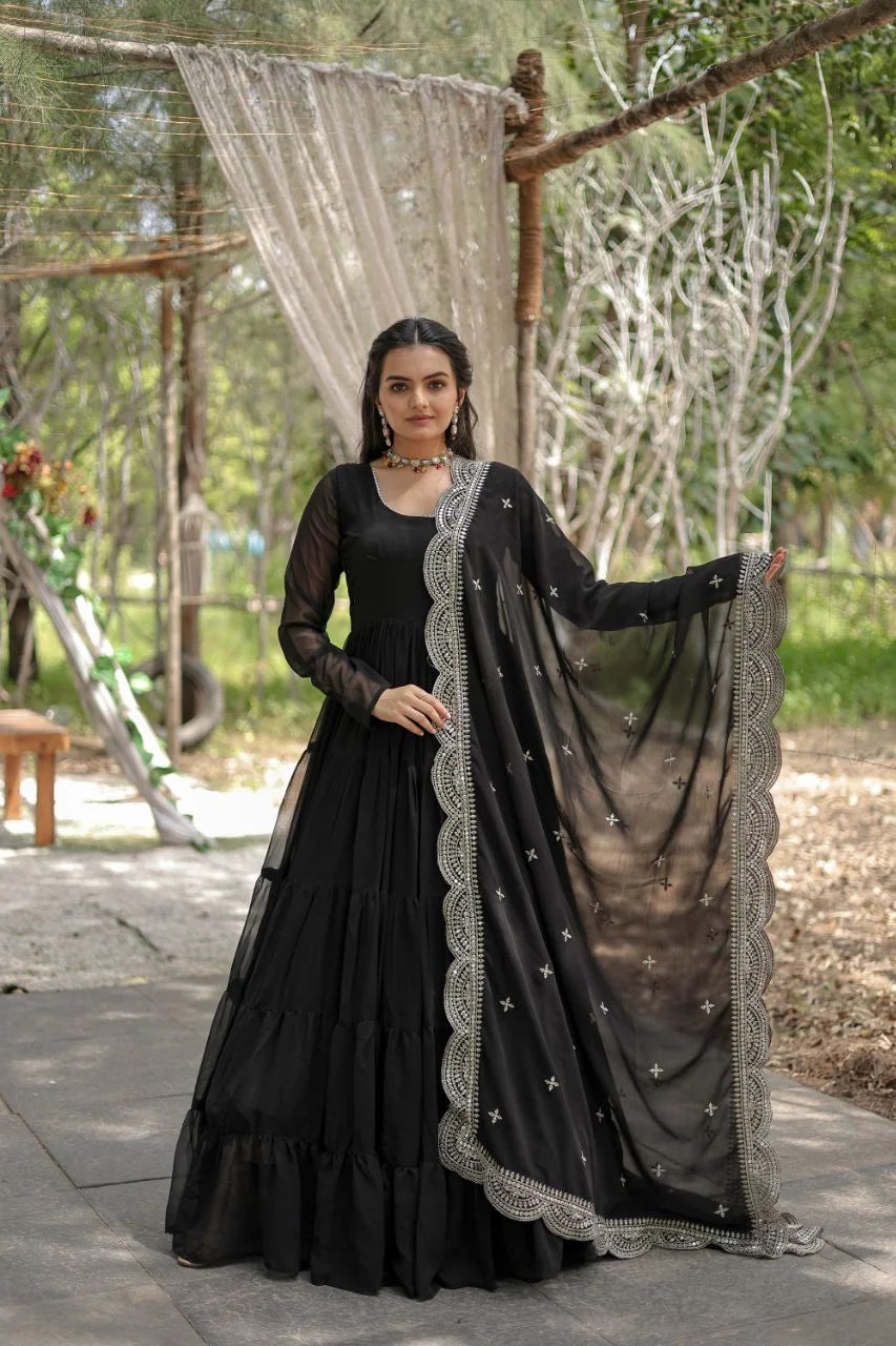 black fully flared gown full view with embroidered dupatta