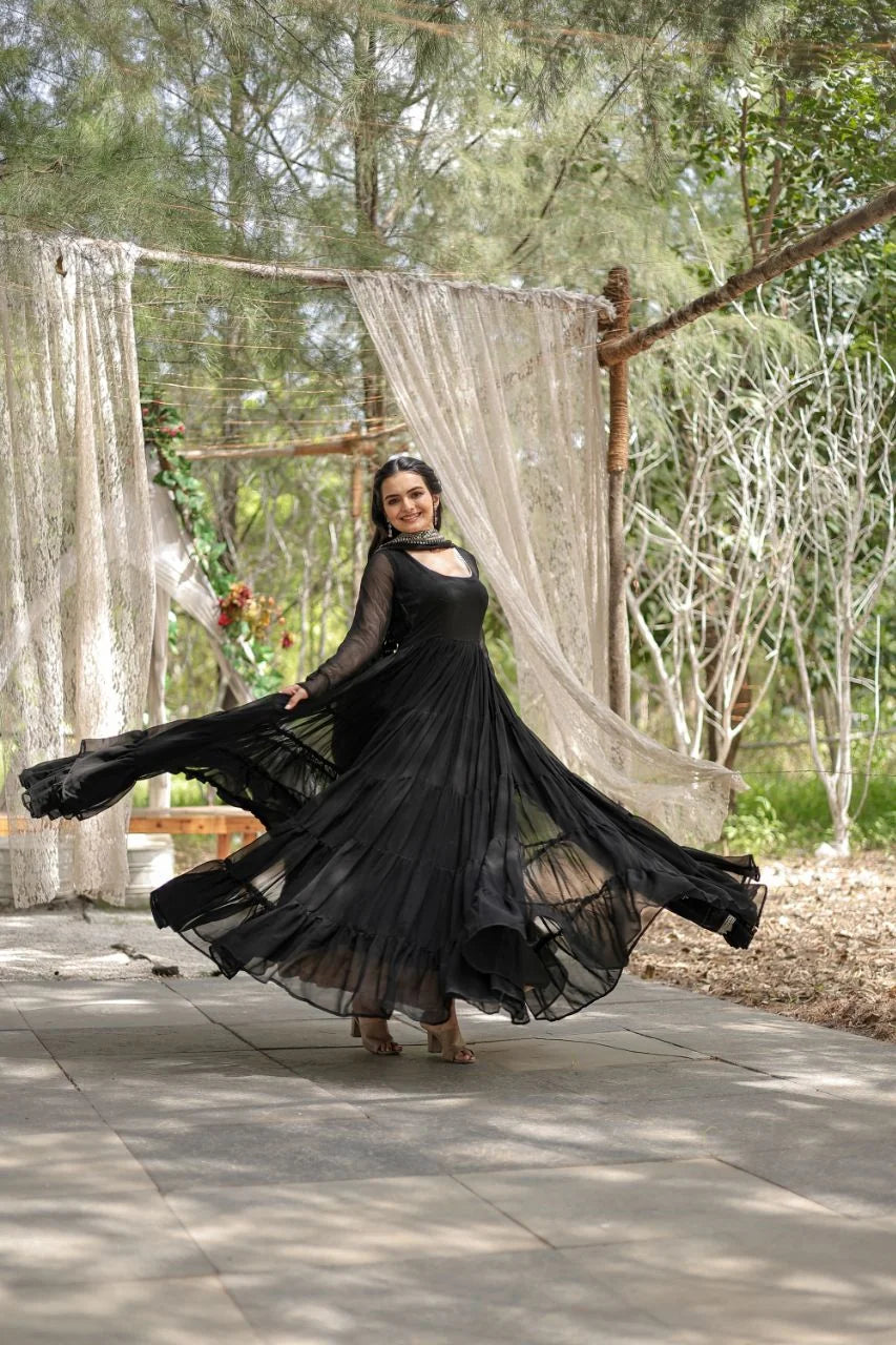 black georgette gown twirl showing full flair