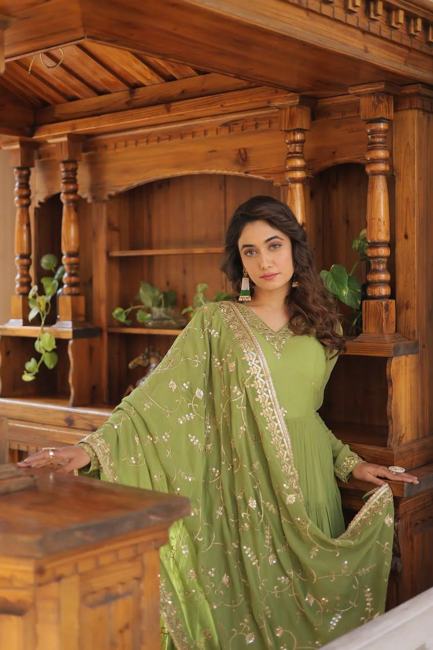 parrot green gown with sequin embroidered dupatta drape