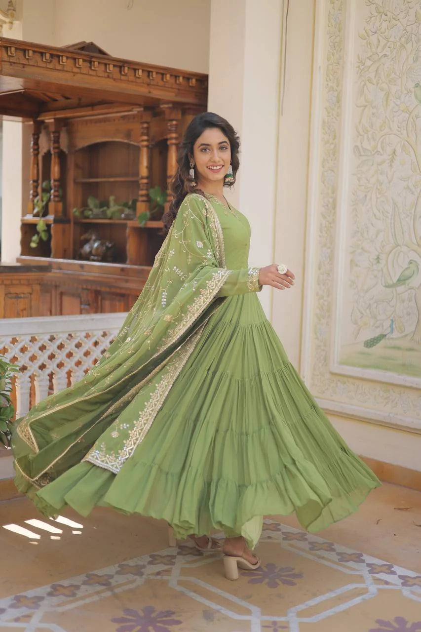 parrot green georgette gown with dupatta side twirl