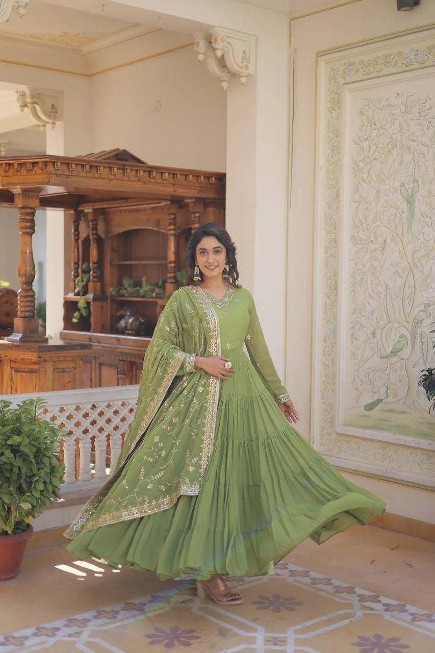 parrot green tiered frill gown twirl full view