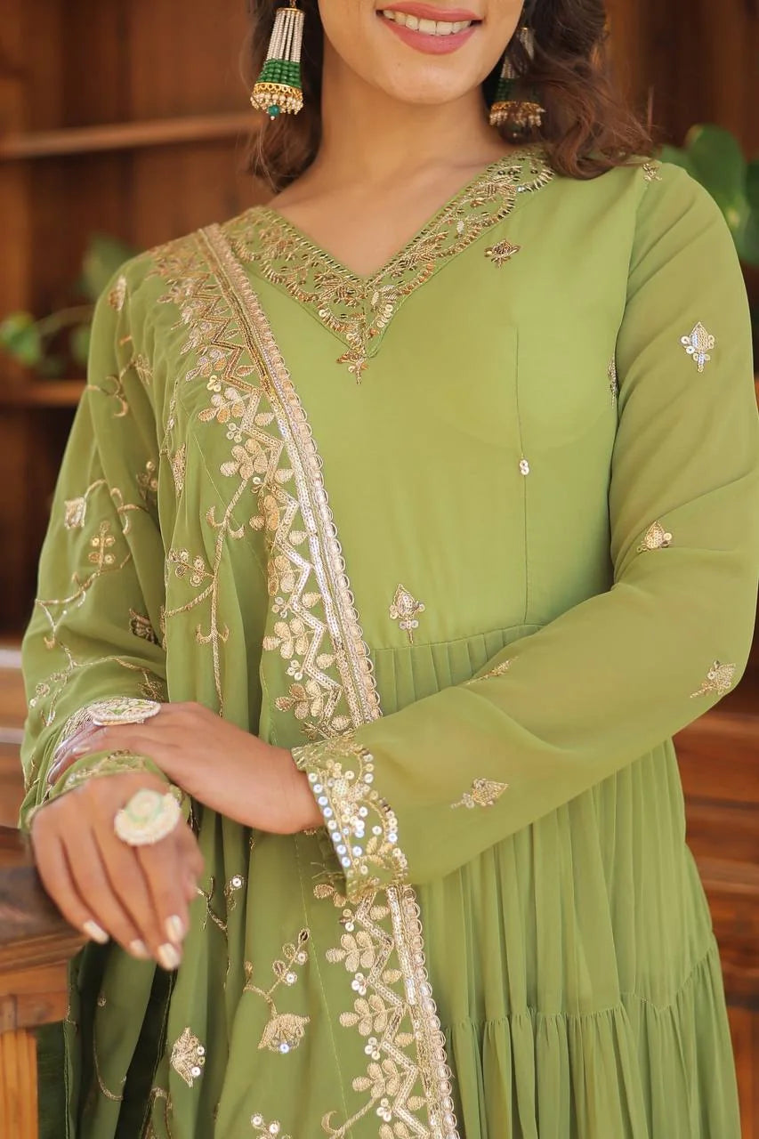 parrot green georgette gown V neck embroidery closeup
