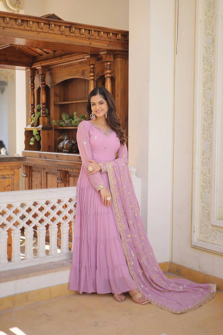lavender frill gown front view with embroidered dupatta