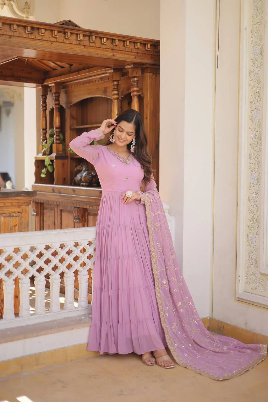 lavender georgette gown with dupatta standing full view