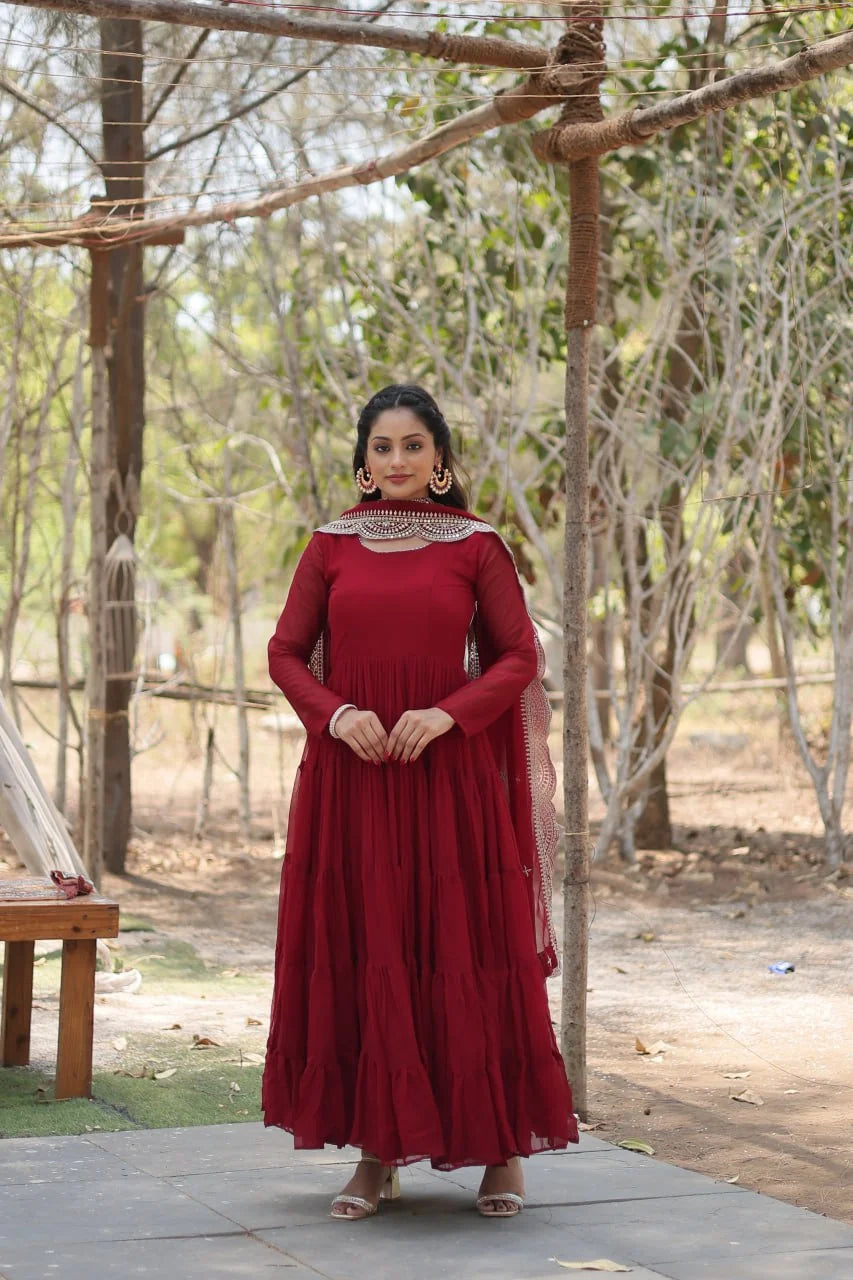 maroon flared gown with sequin embroidered dupatta front view