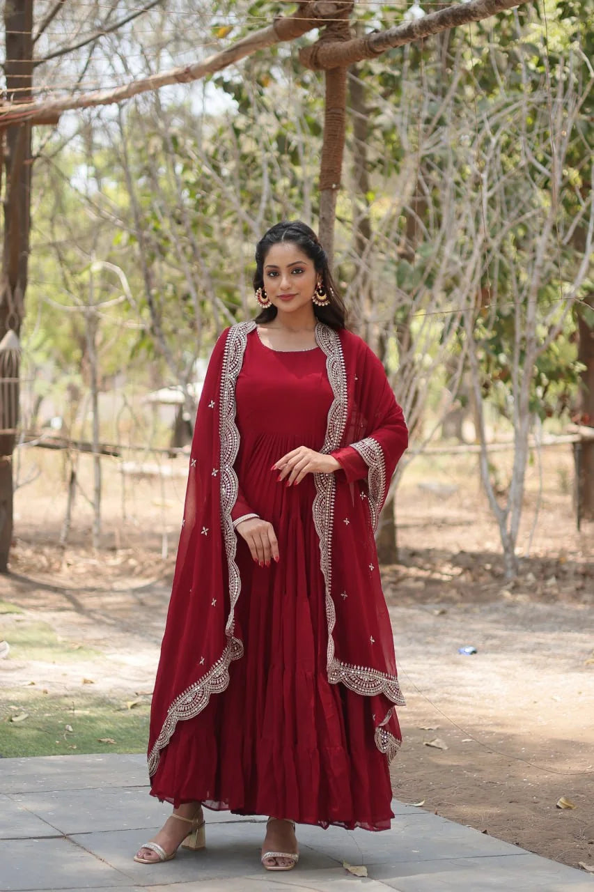maroon georgette gown with dupatta full standing view