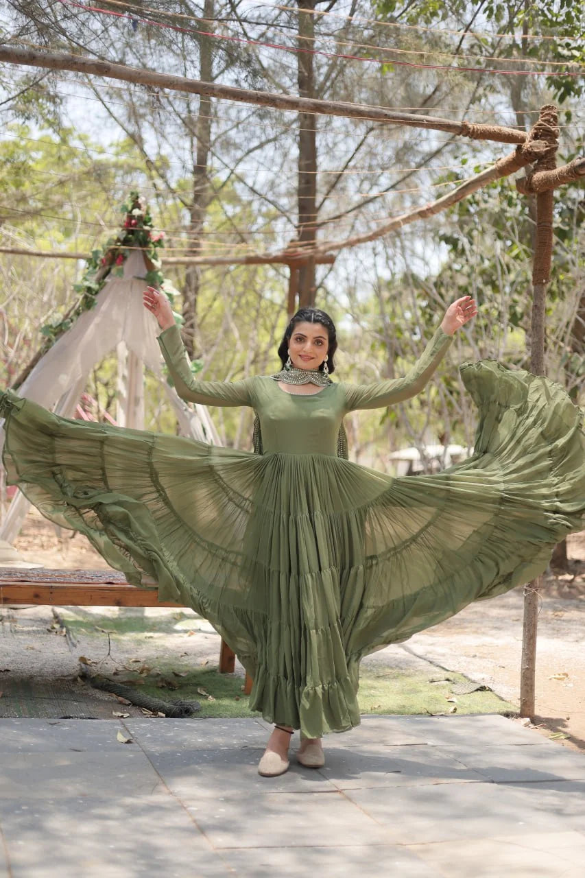 mehendi green flared georgette gown open flair view
