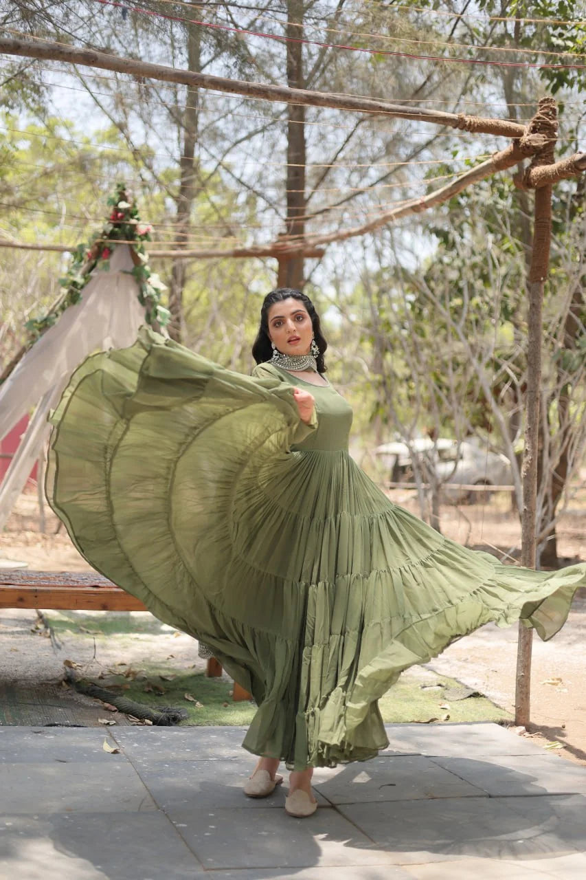 mehendi green fully flared gown frill tiers view