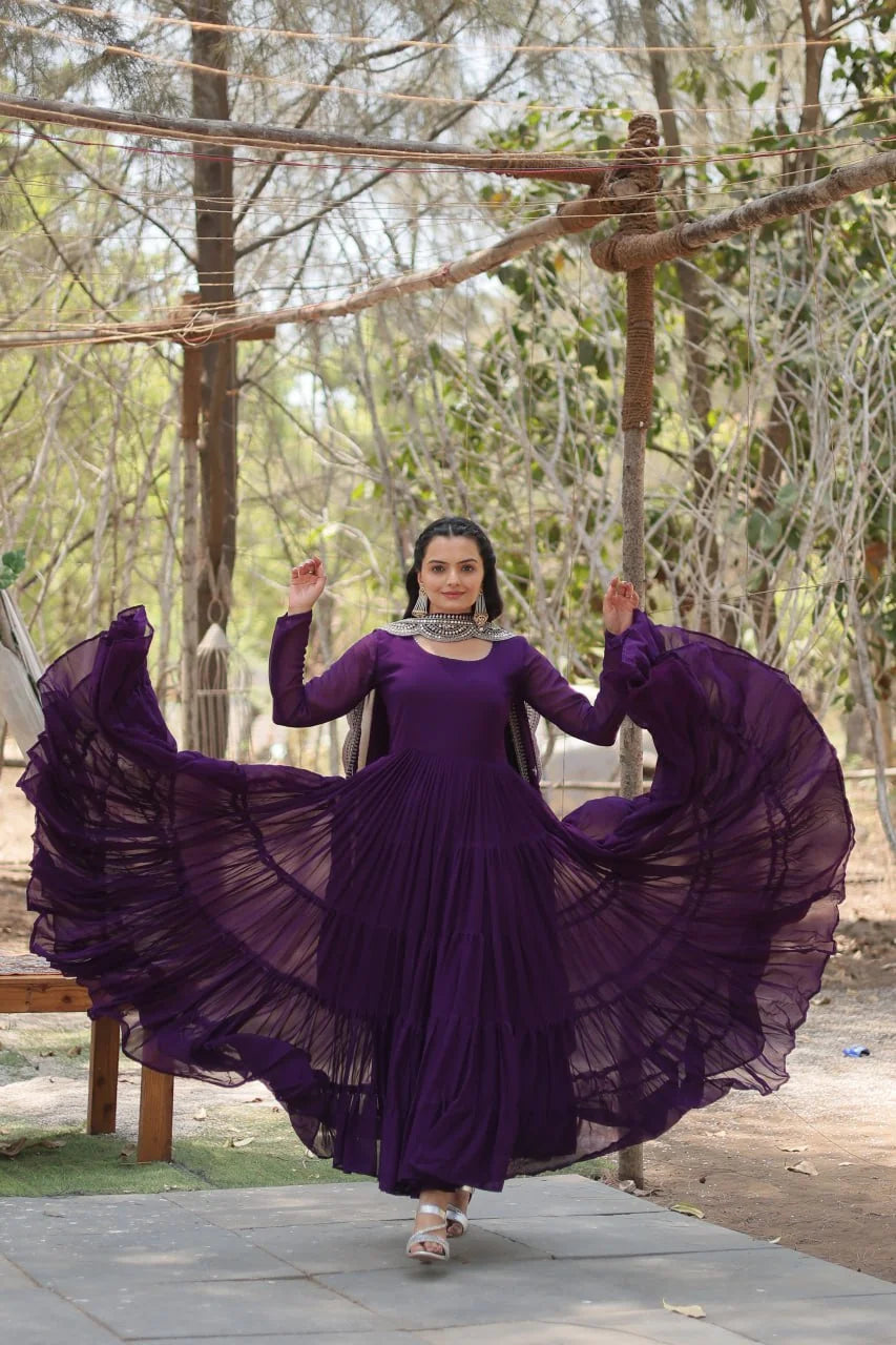 purple flared georgette gown walking flair view