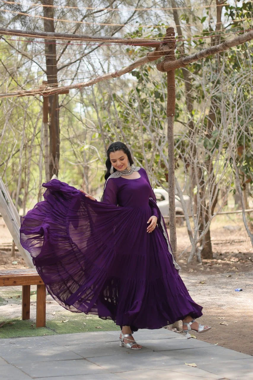 purple gown with embroidered dupatta open flair view