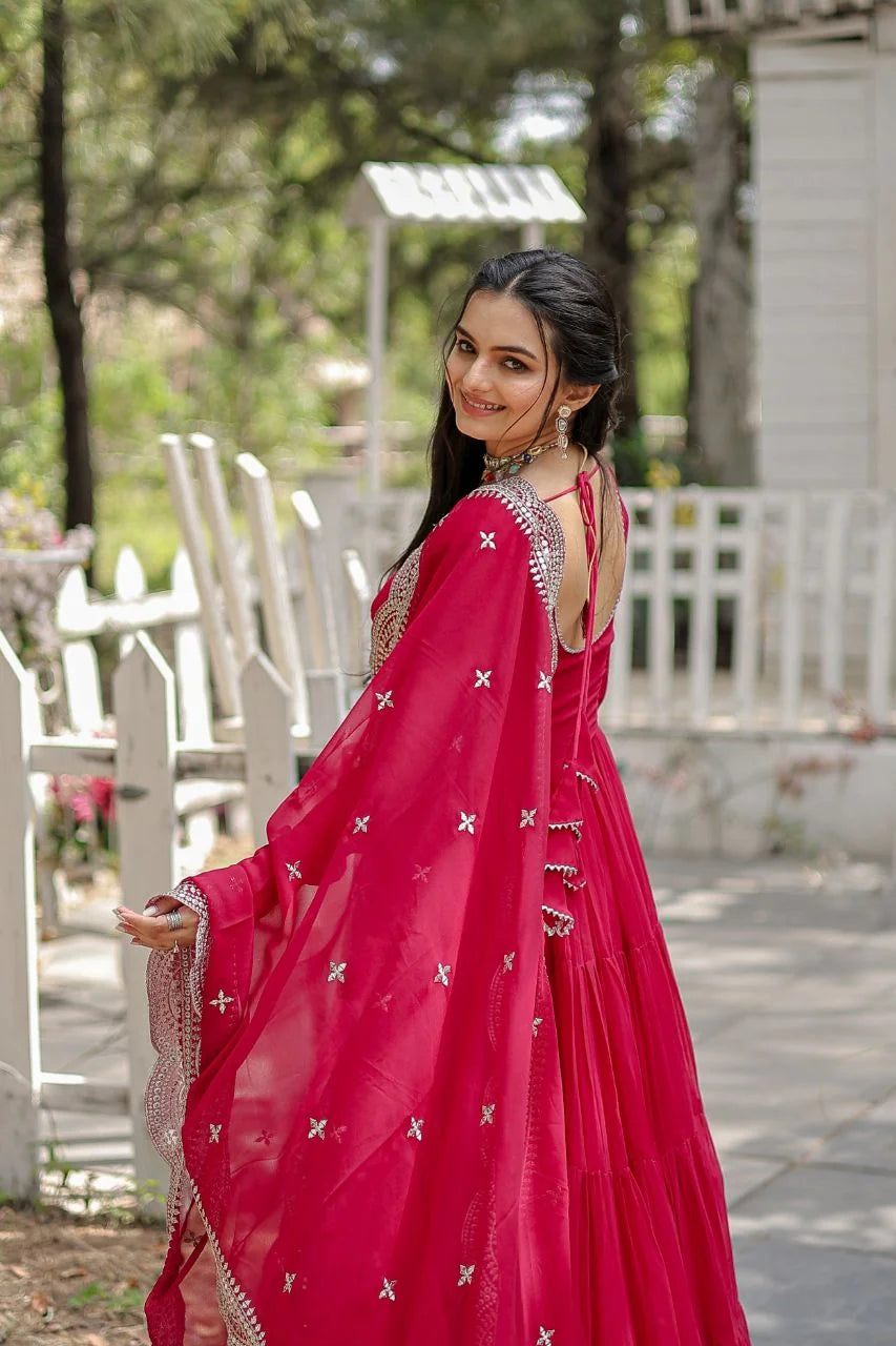 rani pink georgette gown with dupatta scalloped sequin border