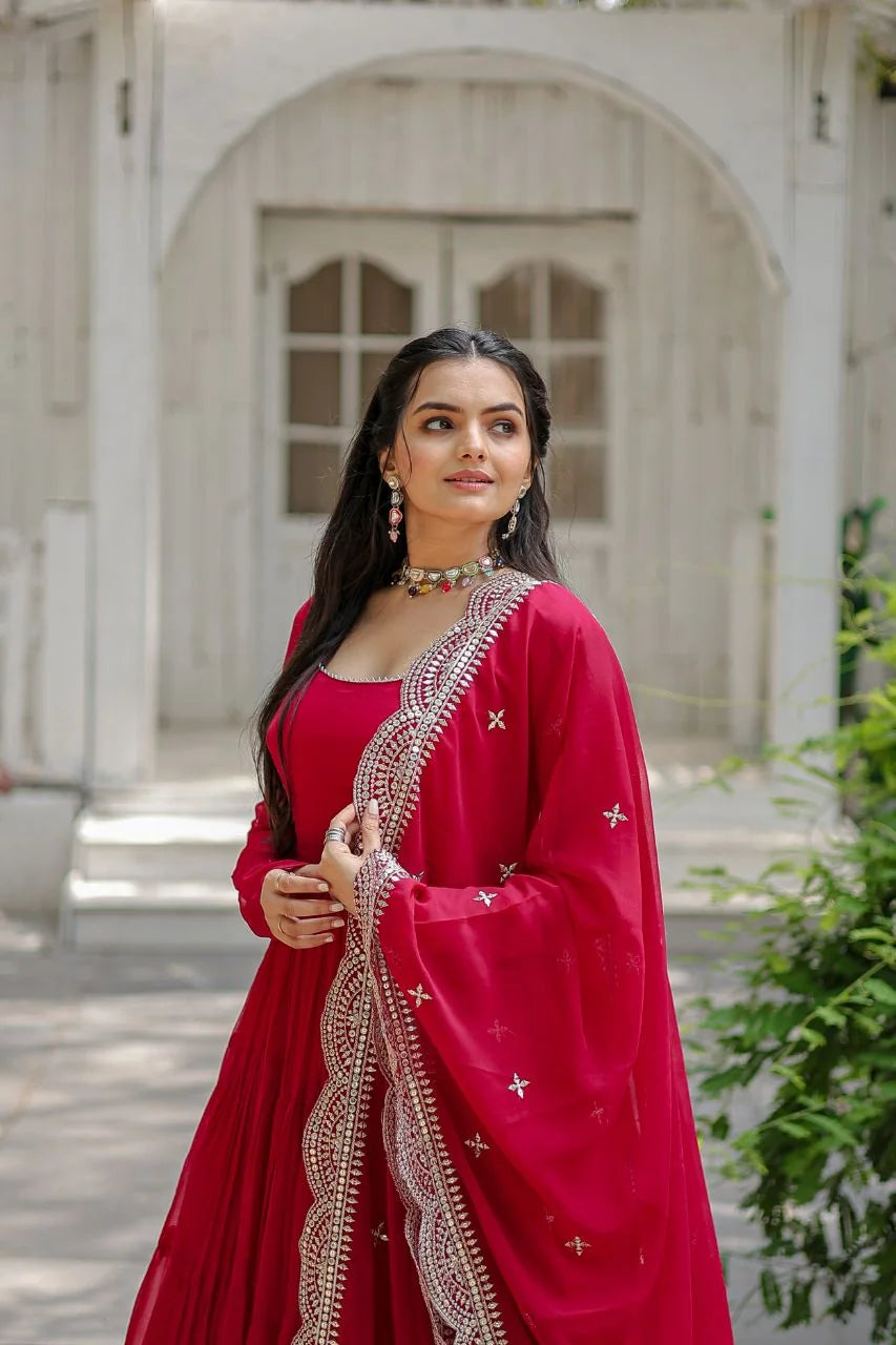 rani pink flared gown front portrait with dupatta