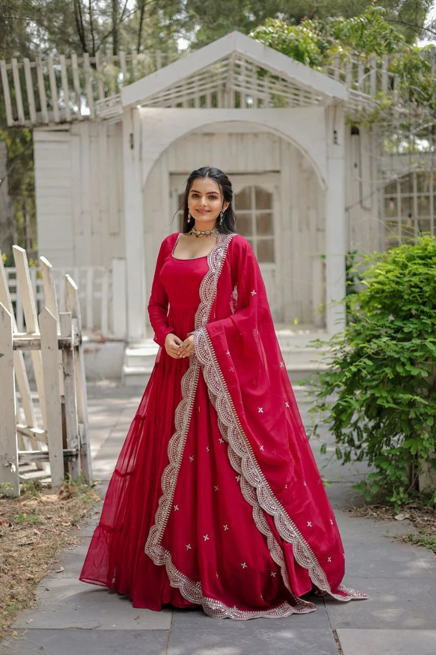 rani pink gown with embroidered dupatta full front view
