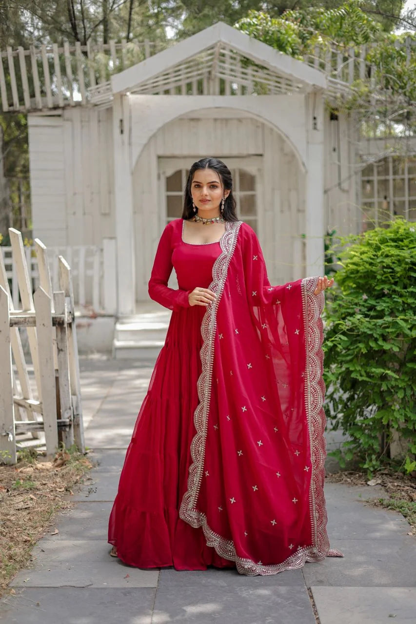 rani pink fully flared georgette gown standing view