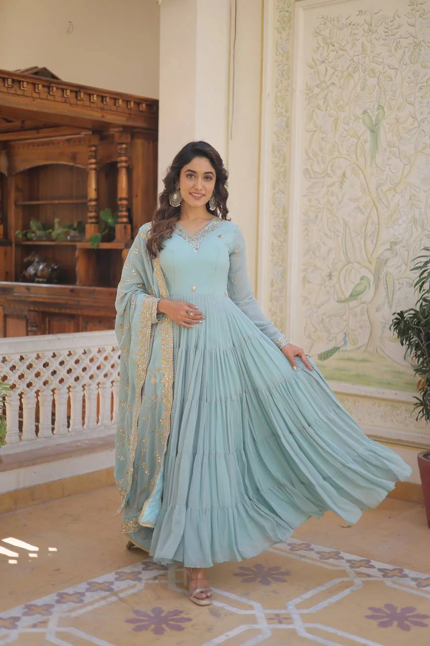 sky blue tiered frill gown twirl with embroidered dupatta