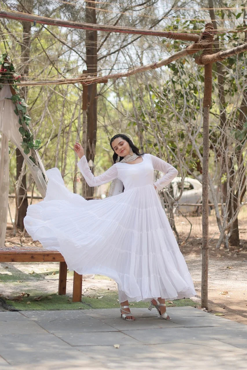 white flared georgette gown flair view