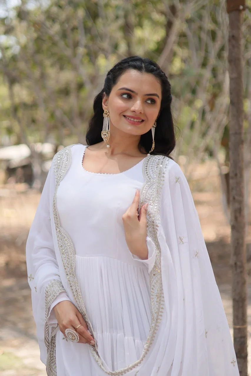white georgette gown with dupatta sequin border portrait