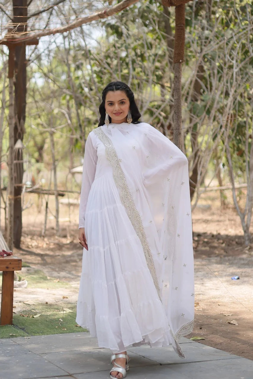 white gown with embroidered dupatta full standing view
