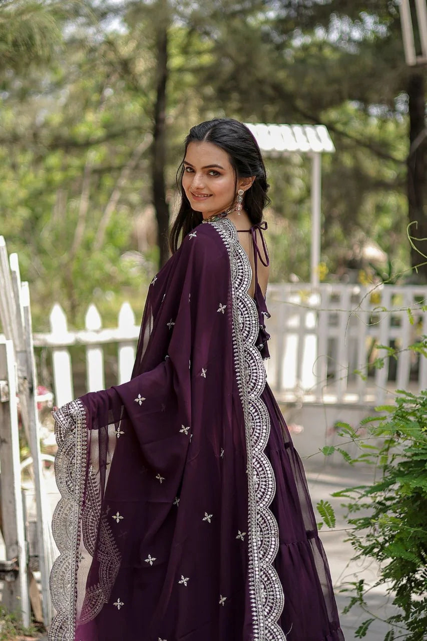 wine georgette gown with dupatta back drape sequin border