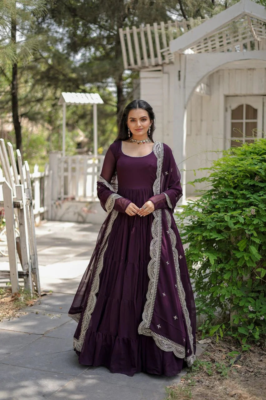 wine georgette gown with embroidered dupatta full view